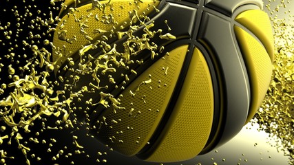 Black-Yellow Basketball with Yellow Particles. 3D CG. 3D illustration. 3D high quality rendering.