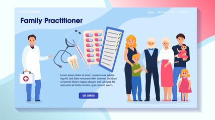 Family practitioner, characters doctor, male, female, kid, old people, flat vector illustration. Web banner, button Get Started. Design for website, landing. Medical staff stethoscope drug