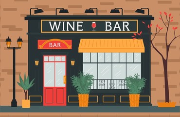 Obraz premium Wine bar, city street and urban scape, cozy building, vintage door and window, flat vector illustration. Place for rest, relaxation. Alcohol pub, autumn mood. Design for website, banner.