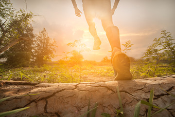 Trail running at the sunset