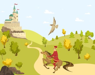 Prince rider horse to castle, eagle fly, palace cartoon vector illustration. Field with green grass, tree, blue sky. Route to fortress. Middle age time, design banner, character male, field, stallion.
