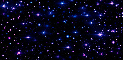 Bright luminous stars on a black background, night sky, stars, many stars, multicolored stars, glitter, radiance