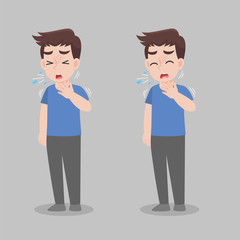 Man with different diseases symptoms - fever, cough, snot. Set of icons about child illness signs. Health care concept.