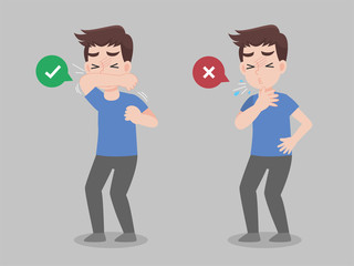 Man use elbow cover mouth before sneeze and don't do. color speech bubble like do and don't. Healthy way to safe from virus infections. Health care concept.