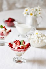 cheese cream. whipped curd cream with strawberries. Homemade cottage cheese is whipped with cream.  A useful dessert. life style