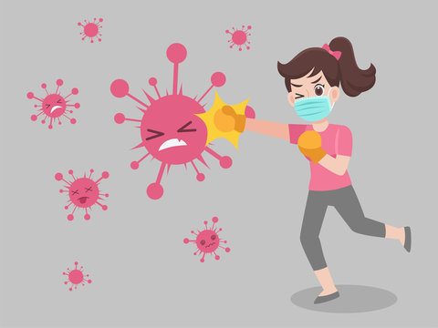 Woman Fight punch virus wearing a surgical protective Medical mask for prevent virus Wuhan Covid-19.Corona virus. Health care concept.
