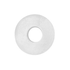 White toilet paper on white background isolated close up, one circle soft bog roll top view, paper tissues, design element, hygiene accessory, studio shot