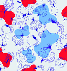 Vector vegetable pattern: abstraction of vegetables and color spots, blue background, cold tones, ideal for textiles