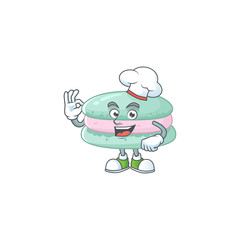 A picture of vanilla blue macarons cartoon character wearing white chef hat