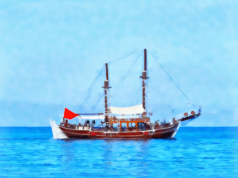 Sailing yachts in the sea. Seascape watercolor. Sea, pleasure ships. Digital painting - illustration. Drawing watercolor