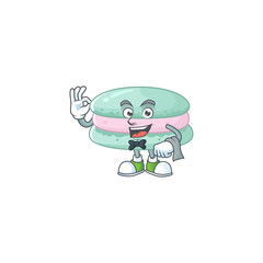 A character of vanilla blue macarons waiter working in the restaurant