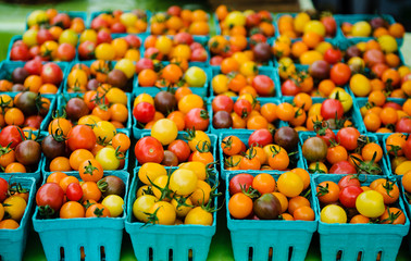multi colored tomatoes for sale at a farmers market