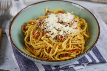 assiette de spaghetti au boeuf et poivron