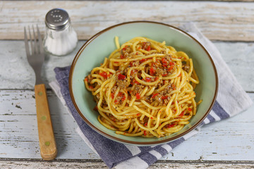 assiette de spaghetti au boeuf et poivron