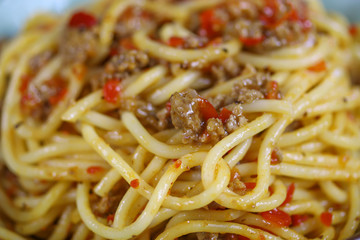 assiette de spaghetti au boeuf et poivron