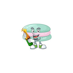 mascot cartoon design of vanilla blue macarons with bottle of beer