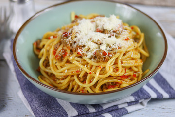 assiette de spaghetti au boeuf et poivron