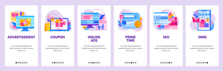 Advertising website and mobile app onboarding screens vector template - obrazy, fototapety, plakaty