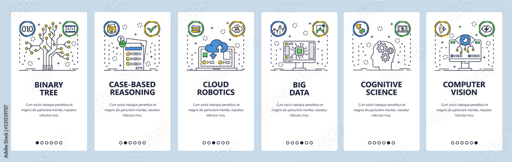 Poster computer science website and mobile app onboarding screens vector template
