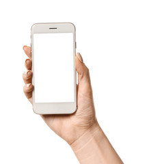 Female hand with mobile phone on white background