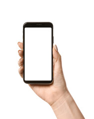 Female hand with mobile phone on white background