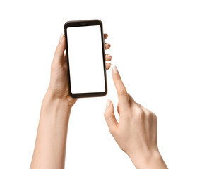 Female hands with mobile phone on white background