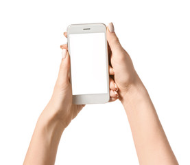 Female hands with mobile phone on white background