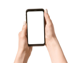 Female hands with mobile phone on white background
