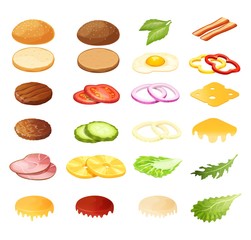 Isometric burger sandwich constructor vector illustration. 3d cartoon food menu ingredients for hamburger, product sandwich maker. Bread, salad, meat and bacon, cheese snack icon set isolated on white