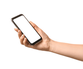 Female hand with mobile phone on white background