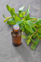 Bottle of mint essential oil on table