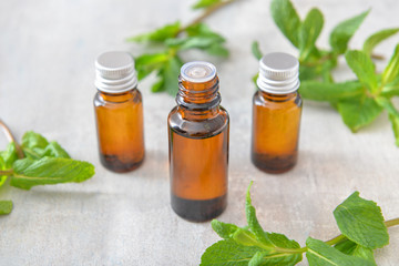 Bottles of mint essential oil on table