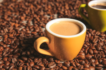 Fototapeta premium Cup of hot coffee on beans
