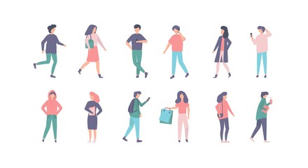 Fototapeta na wymiar People in casual clothes vector illustration set. Cartoon man woman character in stylish clothing outfit, young person standing, walking, moving on city street. Active flat people isolated on white