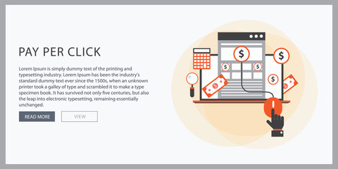 Pay per click flat illustration with laptop and pointer.