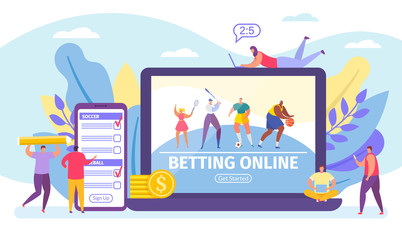 Betting online game, bets on sport banner tiny people cartoon vector illustration. Online live sportive soccer competition with betting people and digital related asset in computer via internet.
