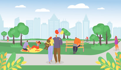 Casual young people in summer park, romantic couples walking, man riding bicycle, family having picnic in park weekend cartoon vector illustration. Man and woman in casual cloths leisure.