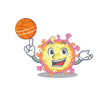 A sporty coronaviridae virus cartoon mascot design playing basketball