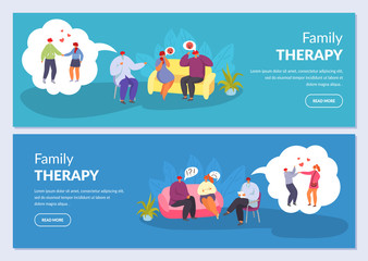 Family therapy, psychotherapy, couple husband and wife talking to psychologist, vector illustrations banners set. Family counseling psychological problems in doctors office to improve relationship.