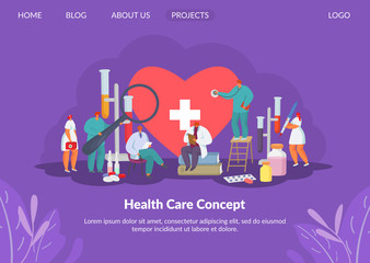Health care for heart with doctors, medication research and medicine concept solution, tiny people character vector illustration. Flasks and medical books for healthcare and healthy heart therapy.