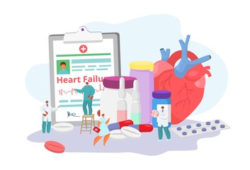 Heart failure desease with doctors, cardiogram, medication and medicine concept solution, tiny people character vector illustration. Cardilogy and unhealthy heart attack and illness therapy.