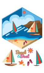 set of isometric beach and boat icons. flat and vector design