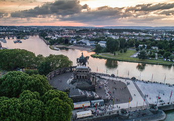 Sunset in Koblenz City Germany historic monument German Corner where the rivers rhine and mosele...
