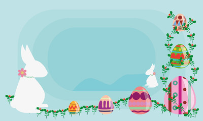 Happy Easter bunny with eggs on blue background and text space