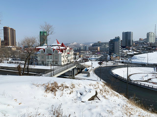 Vladivostok, Russia. View of the city from the Eagle hills in winter