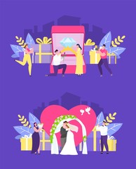 Wedding ceremony people vector illustration. Romantic trip for newlywed couple. Bride and groom standing under wedding arch love ceremony. Simple flat style cartoon characters wedding people
