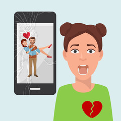 Sad girl with broken heart because of boyfriends photo with another woman on social media vector illustration. Beloved man holds rival in his arms, happy couple image on broken smartphone screen.