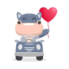 cute hippo driving car with balloon