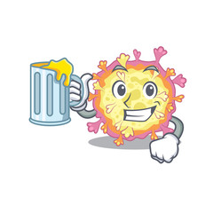 Cheerful coronaviridae virus mascot design with a glass of beer