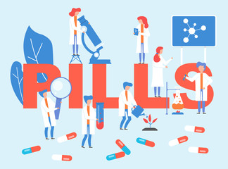 Obraz na płótnie Canvas Pills laboratory with doctors group vector illustration. Doctors research on pharmacological drugs medications. Microscope, chemical test tubes and burner, magnifier, plant. Pills text lettering.